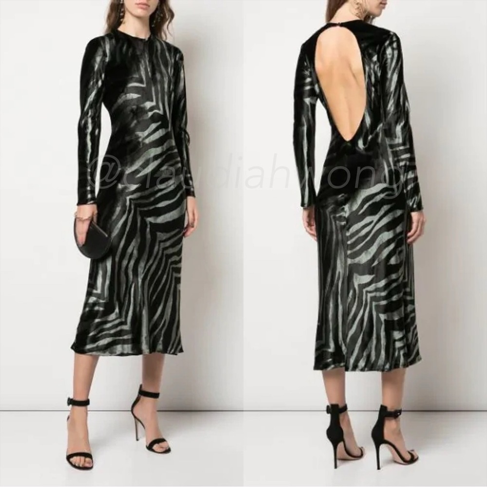 MICHELLE MASON Zebra Velvet Silk Cutout Backless Midi Slip Dress in Green